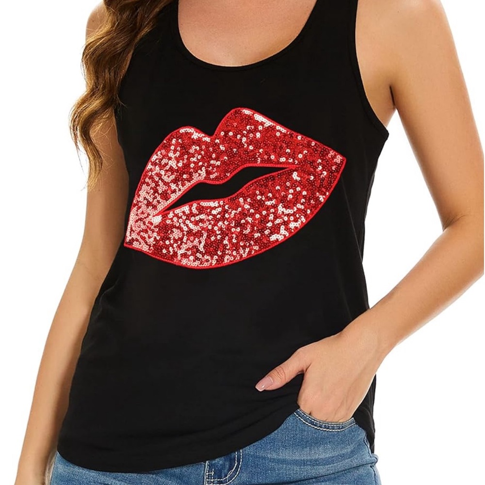 Women’s Sparkly Red Lips Sequin Tank Top Scoop Neck Loose Fit Racerback -XXL